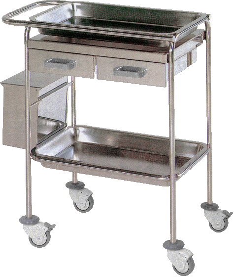 Guéridon Hidemar, inox, 2 plateaux, 2 tiroirs, 1 poubelle