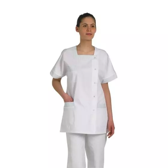 Tunique médicale femme Tilly blanc parement rayé vert Mulliez